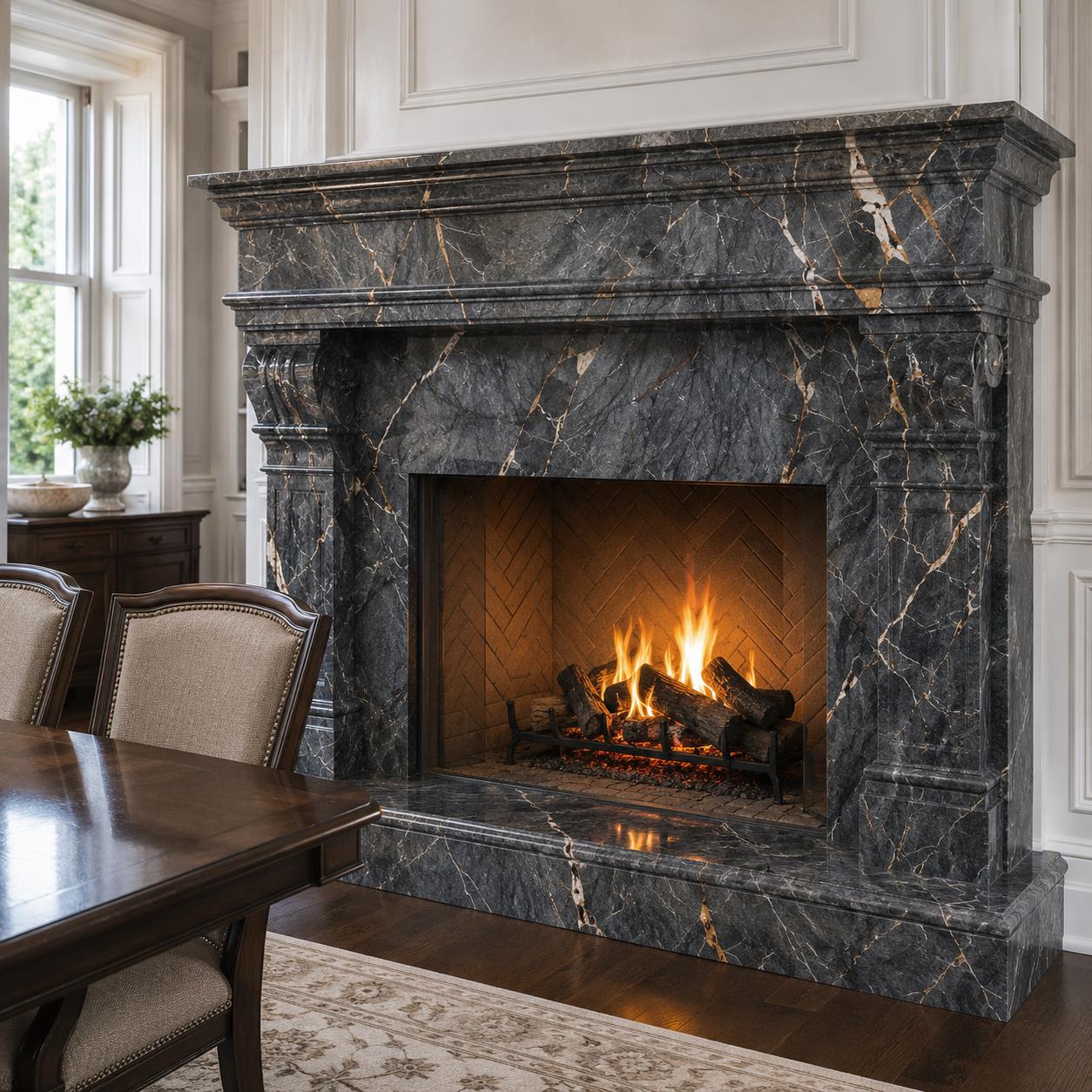 Black granite fireplace surround with decorative mantel