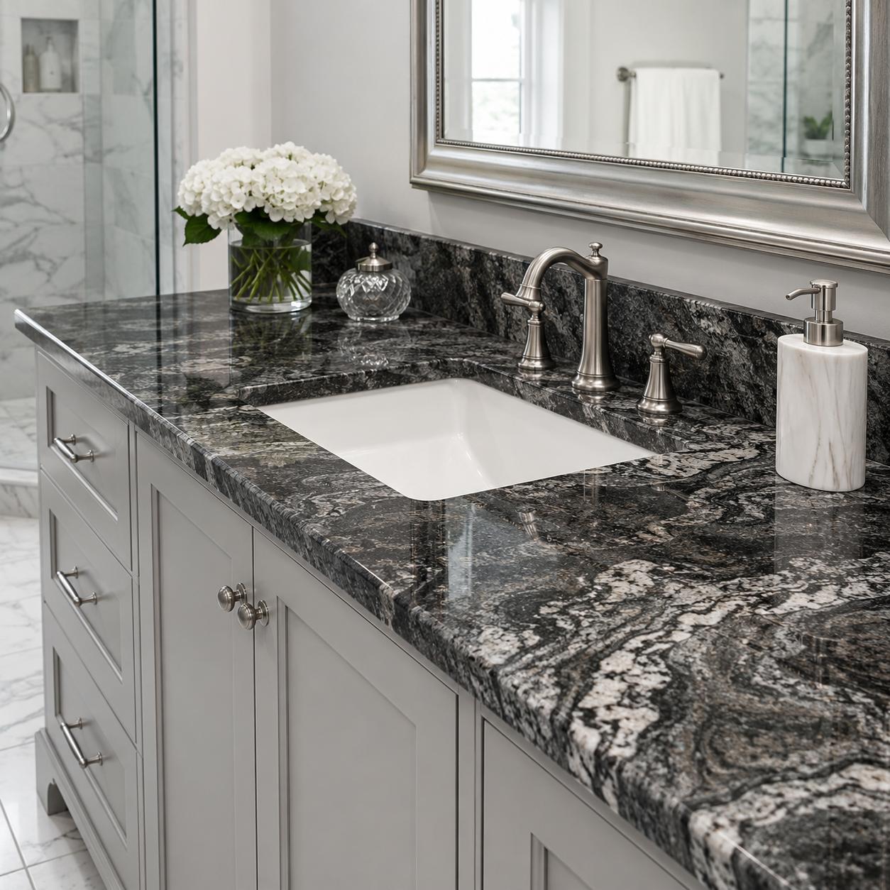 Black granite bathroom countertop with white vanity and undermount sink