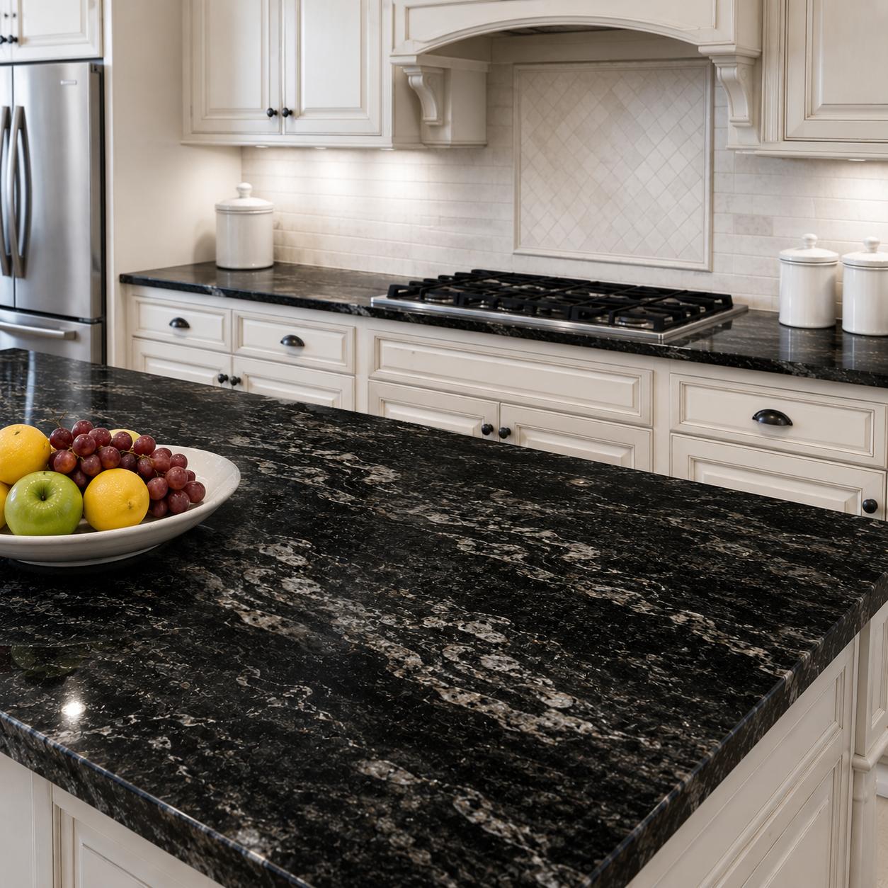 Black granite kitchen island countertop with white cabinets