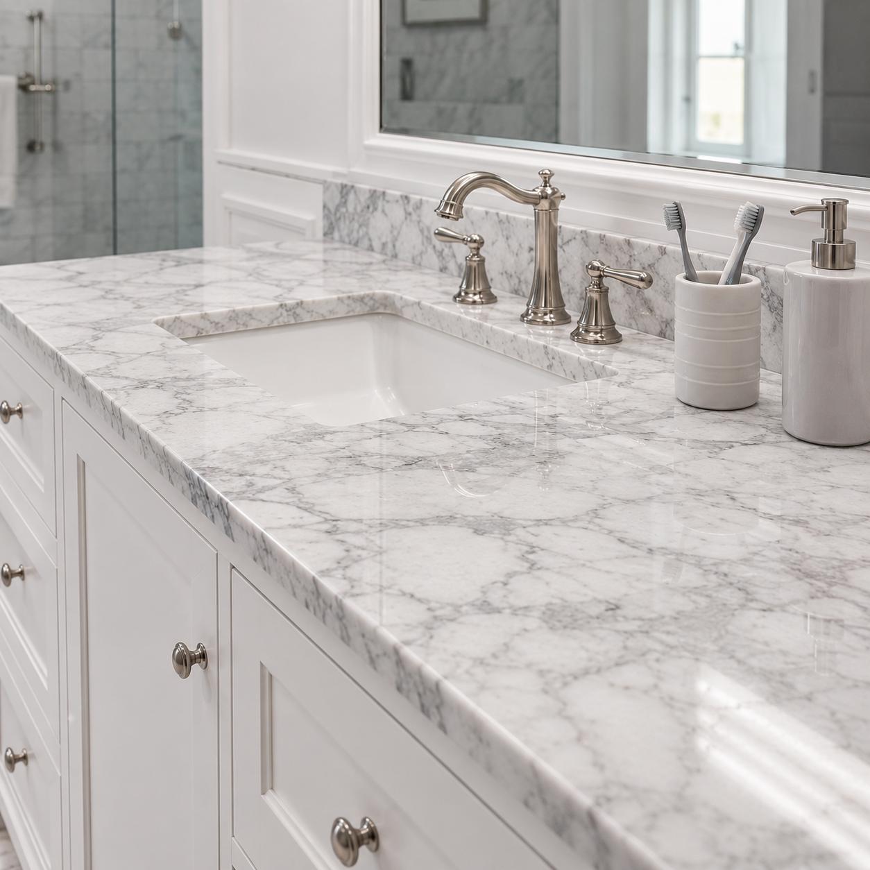 White marble bathroom countertop with integrated sink and white vanity