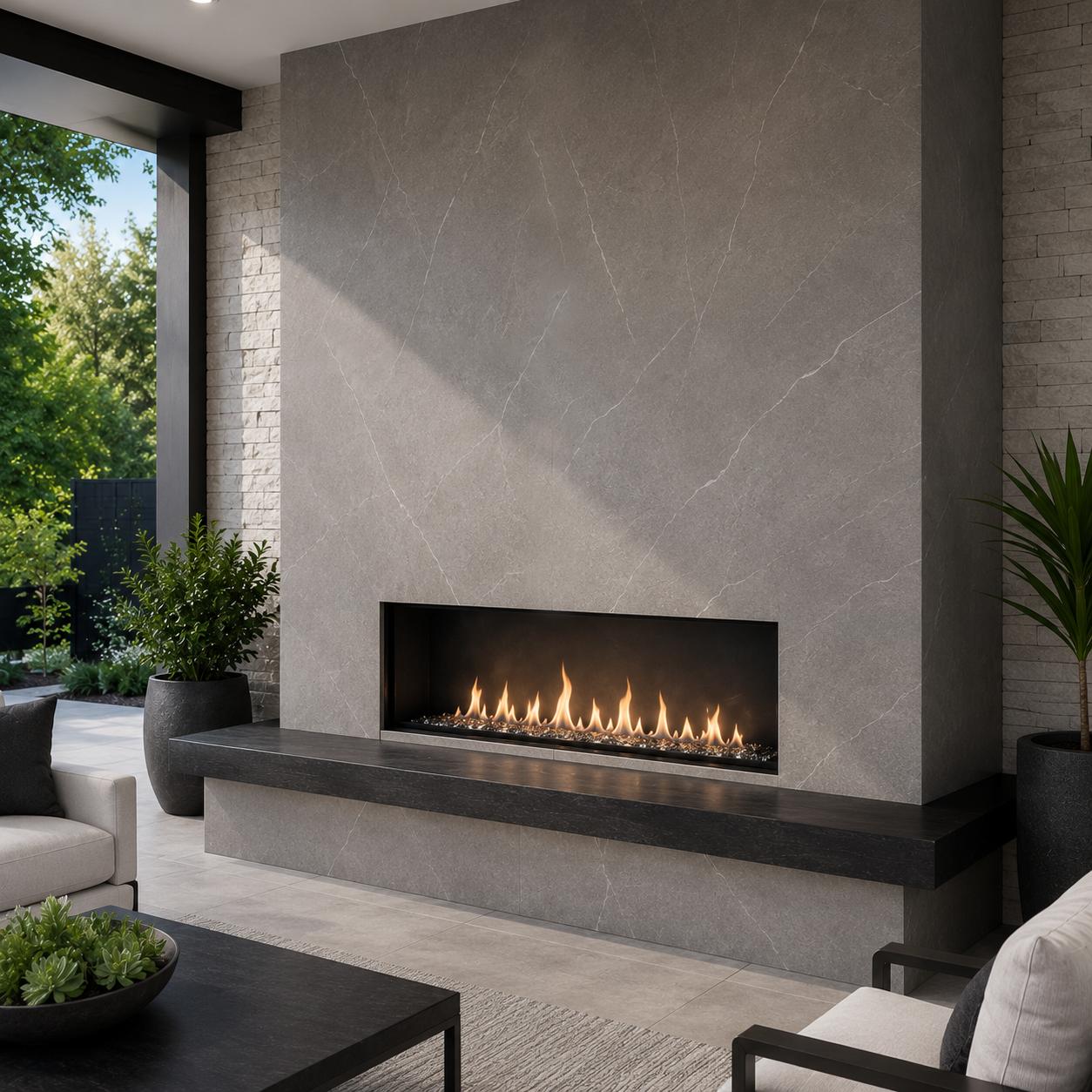 Modern porcelain fireplace surround with linear gas fireplace