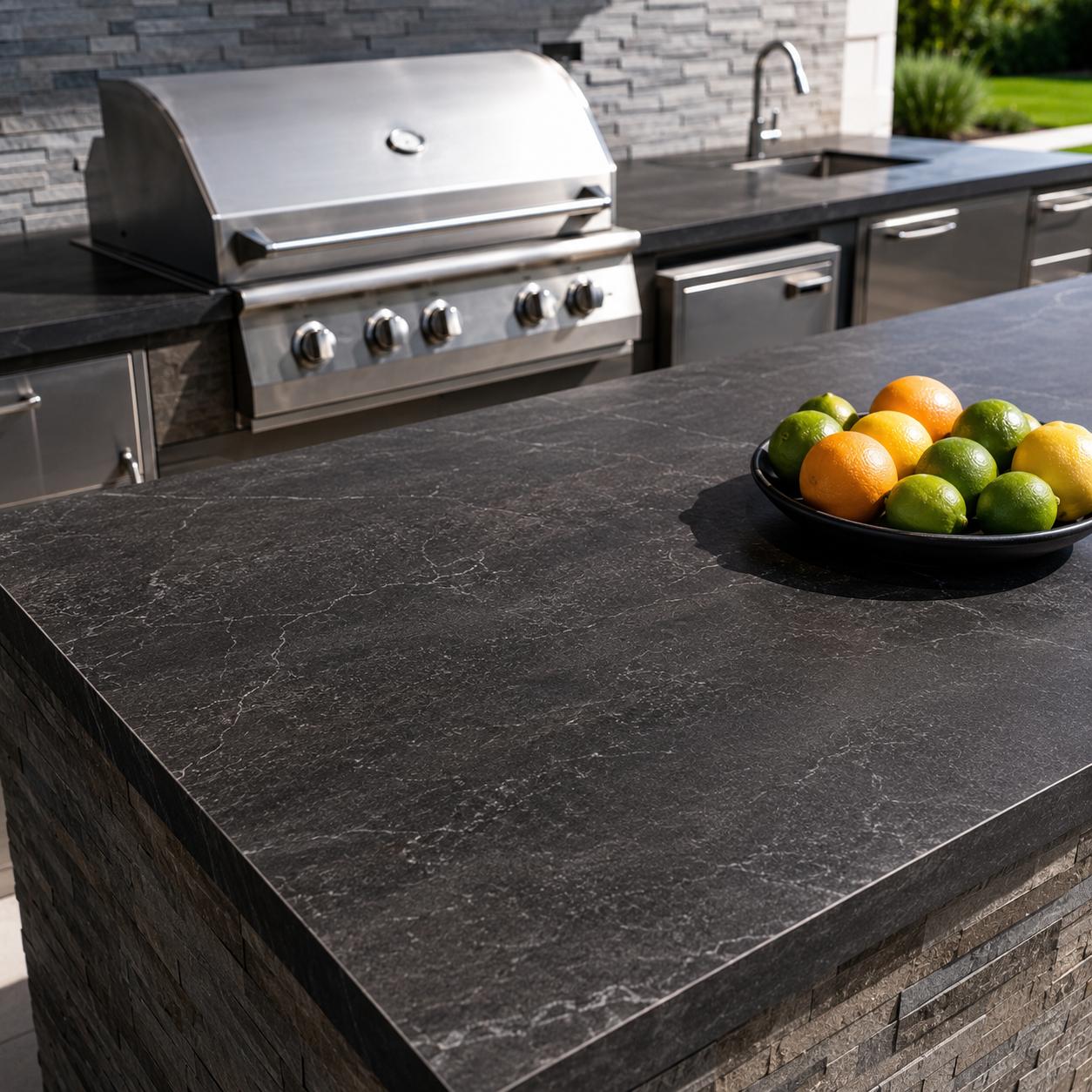 Black porcelain outdoor kitchen countertop with built-in grill