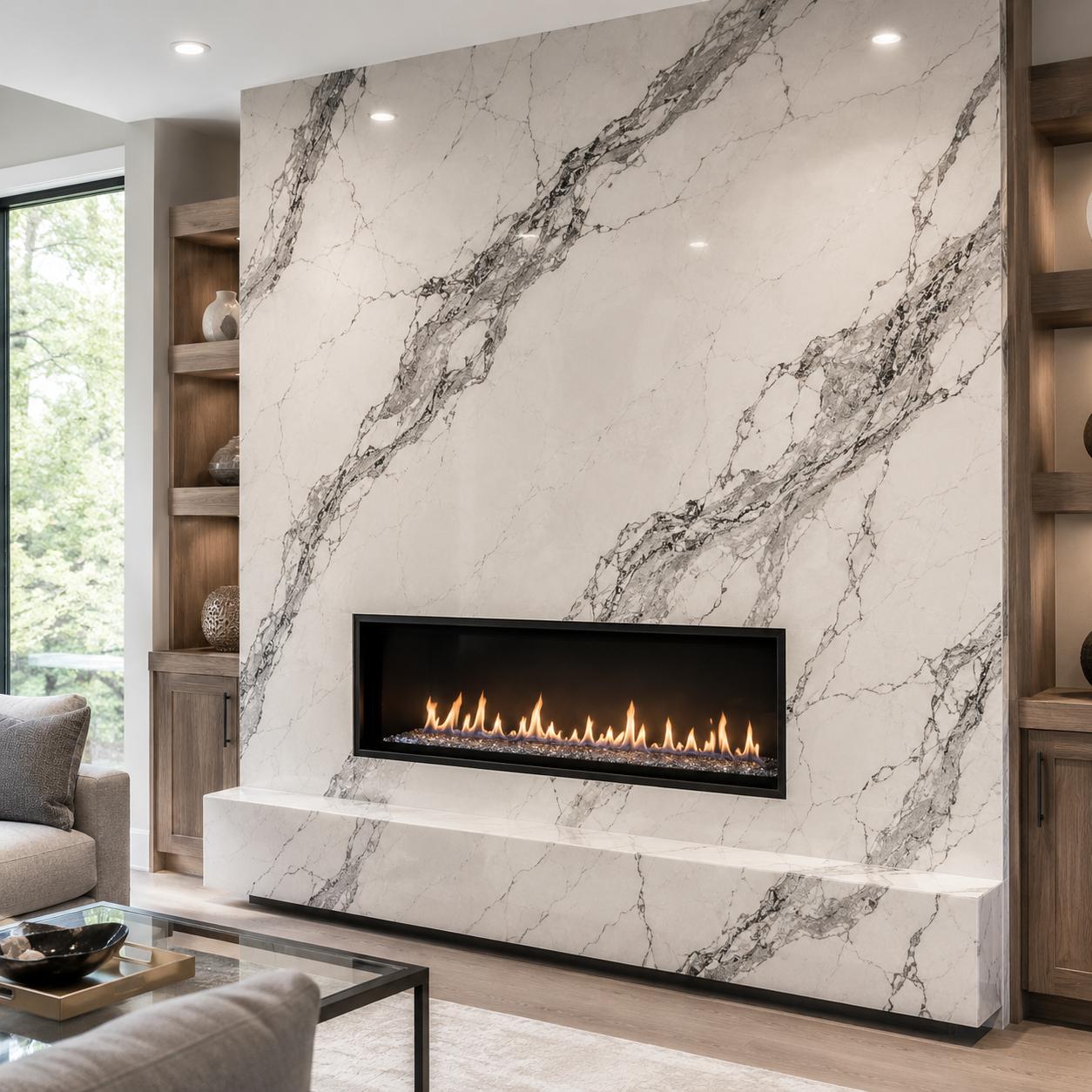White quartz fireplace surround with linear gas fireplace