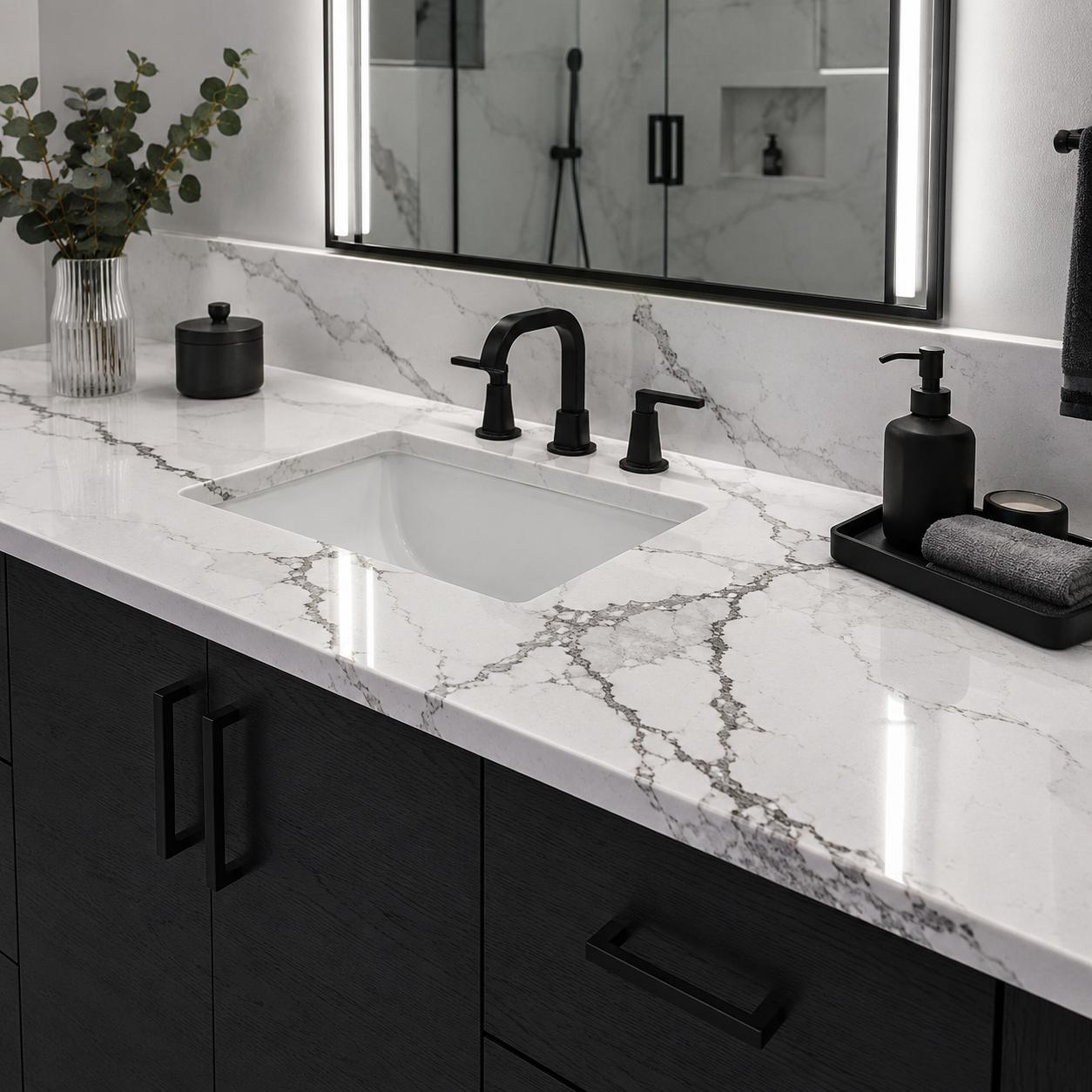 White quartz bathroom countertop with undermount sink and black vanity