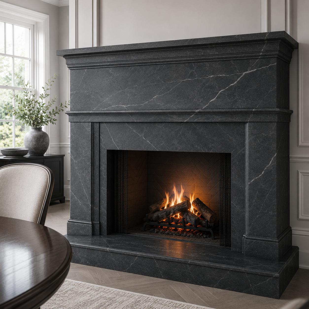 Black soapstone fireplace surround with modern mantel