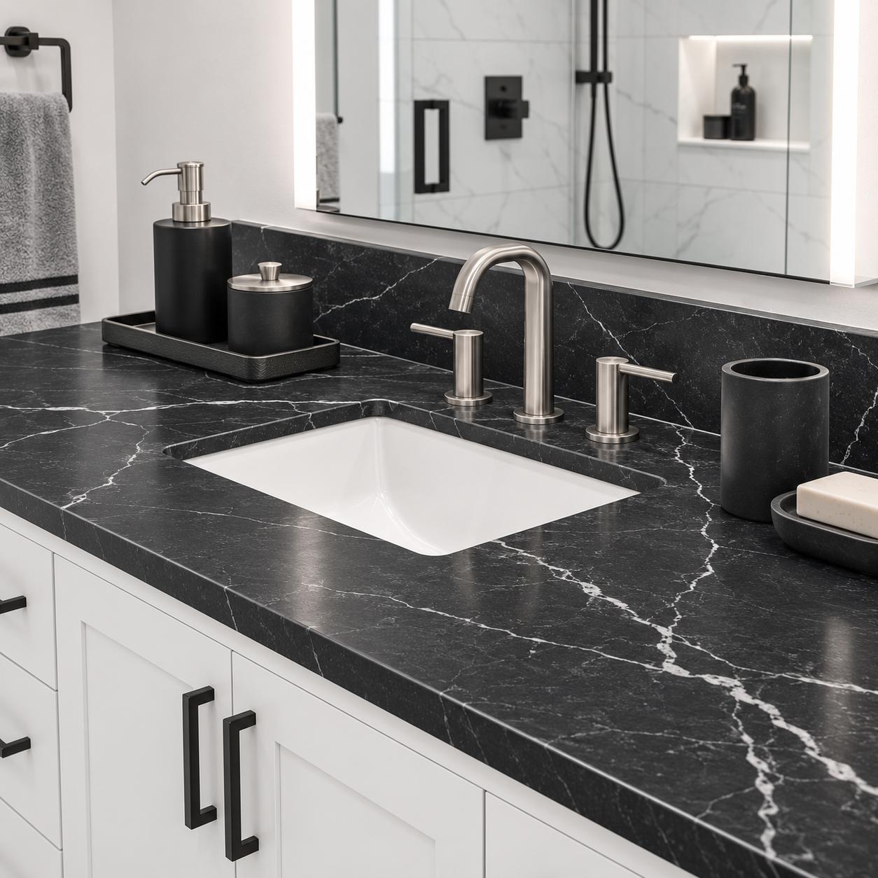 Black soapstone bathroom countertop with undermount sink and white vanity