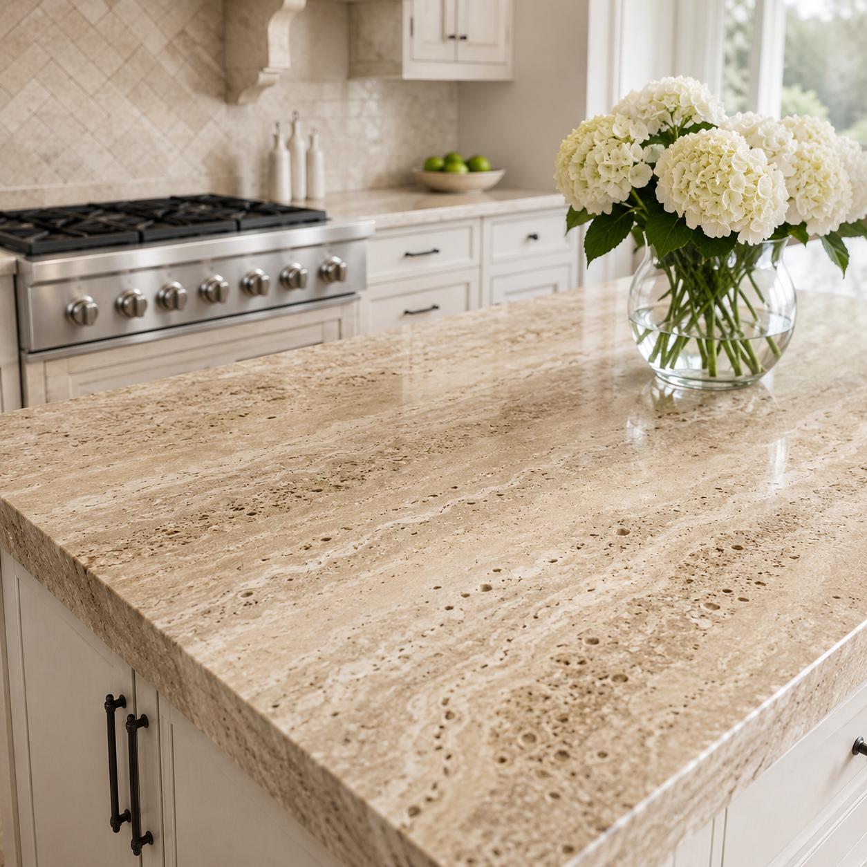 Travertine kitchen island countertop with white cabinets
